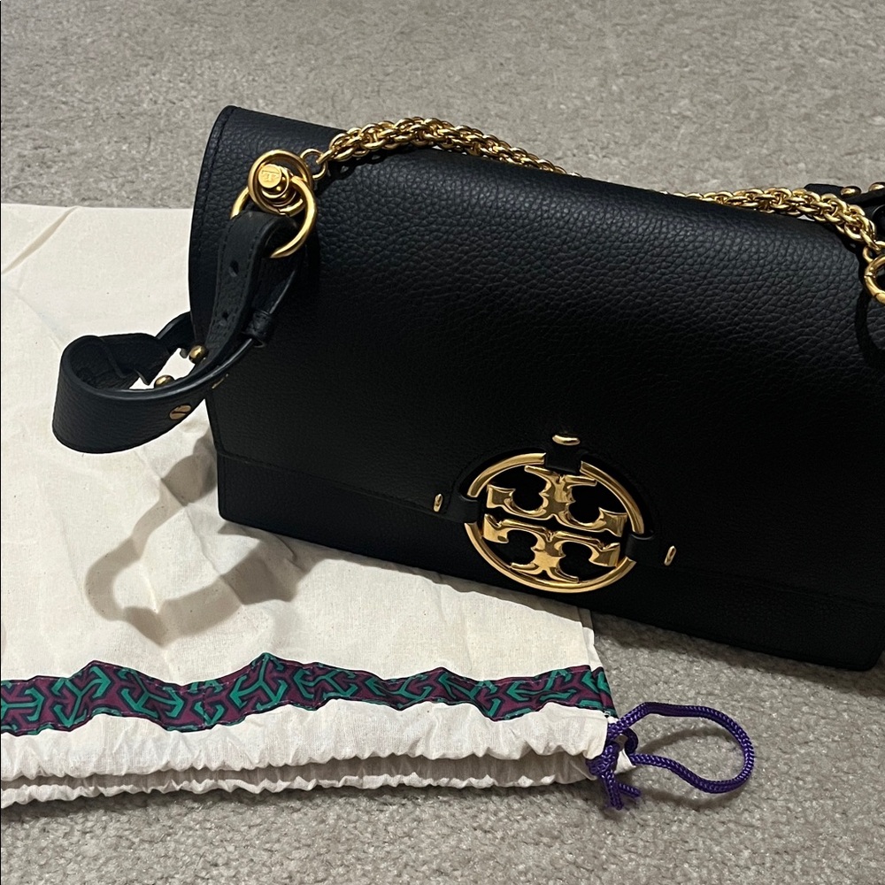 Tory Burch Black Leather Shoulder Bag with Gold Accents